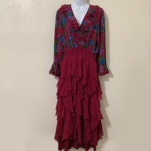 Vintage Maroon Bohemian Hippie Whimsygoth Romantic Dark Fairy Silk Maxi Dress OS